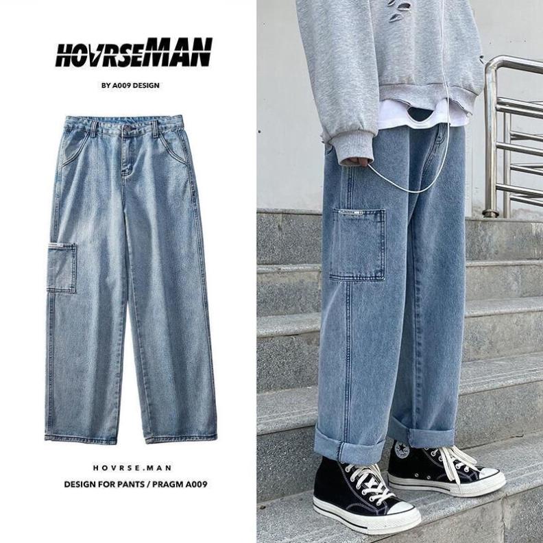 Quần Jean Nam Lỏng Vừa Vặn Culottes Mẫu Quần Jean Dài Có Túi Người Mẫu Hàn Quốc【XJ0036-Biru muda】 ❗