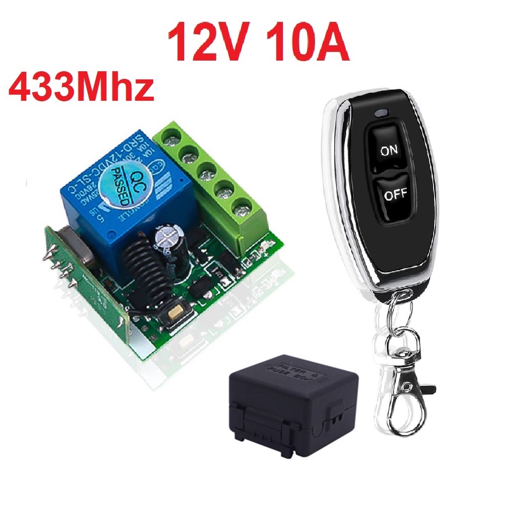 Bộ công tắc RF 10A,12V Bộ điều khiển từ xa  thu RF 2 tiếp điểm Relay 10A RF 433 MHz học lệnh 3 chế độ học lệnh