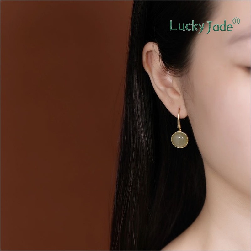 Khuyên Tai Bạc 925 Đính Đá Ngọc Bích Phong Cách Dân Tộc Cổ Điển