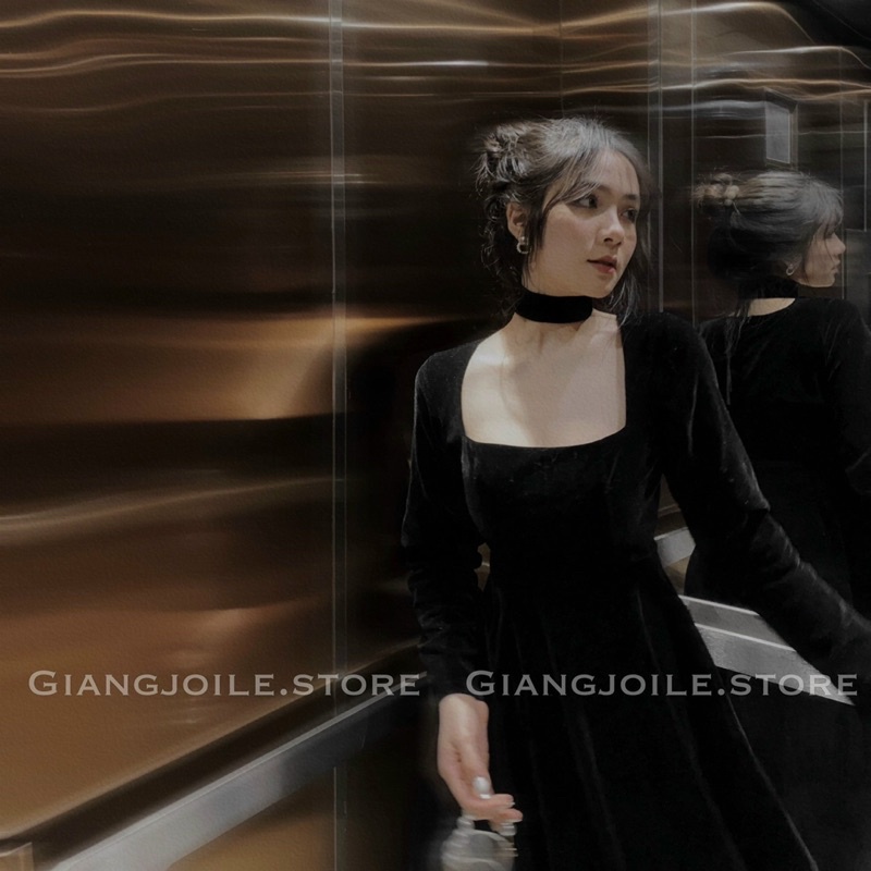 Giangjoile Váy nhung dài kèm chocker 2 màu đỏ, đen