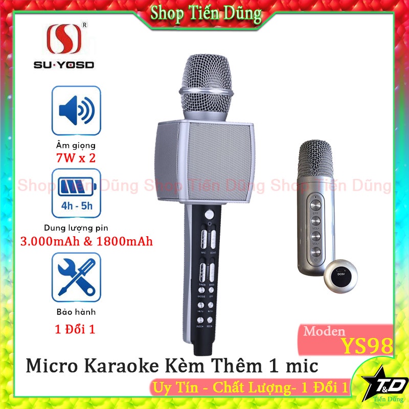 Mic bluetooth karaoke YS98 kèm 1 micro cầm tay có thể hát song ca cùng lúc âm thanh giả giọng