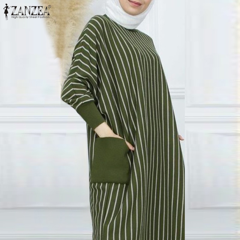 ZANZEA Set Áo Tay Dài Kẻ Sọc Và Quần Dài Lưng Thun Thời Trang Cho Phụ Nữ Hồi Giáo