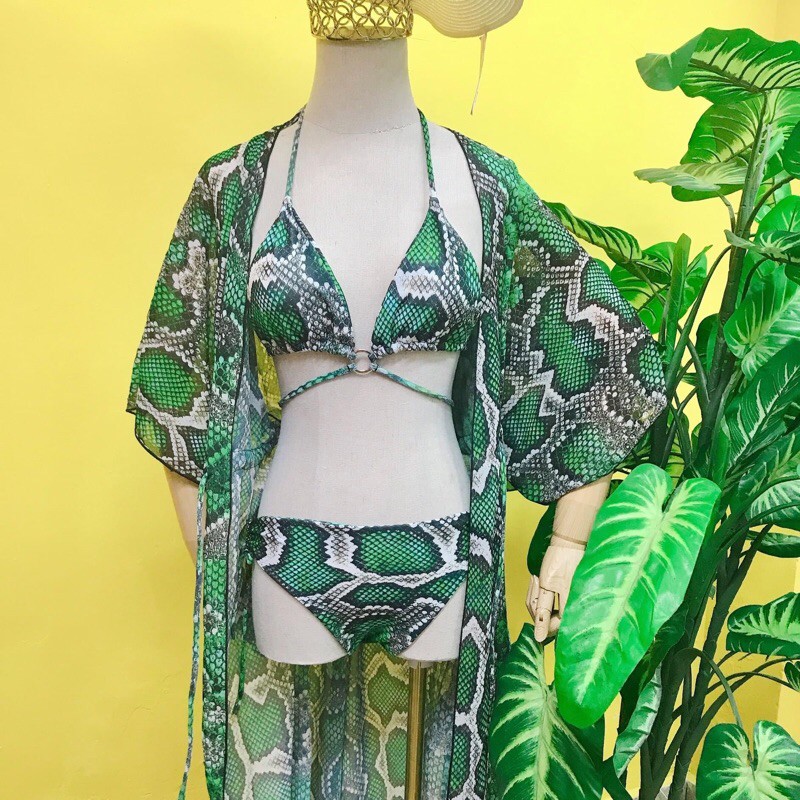 Set 3 chi tiết bikini, áo choàng họa tiết hoa lá sang chảnh - Hàng thiết kế cao cấp