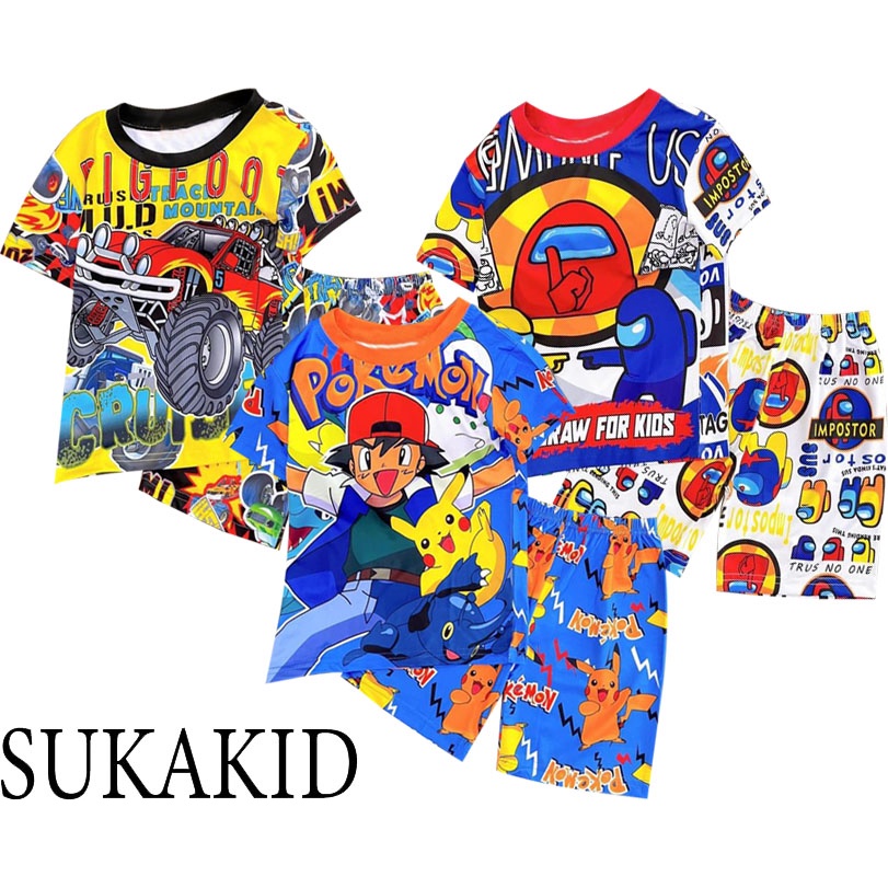 Đồ bé trai in chuyển nhiệt 3D chất liệu thoáng co giãn 4 chiếc xe,Among.pikachu cho bé từ 6kg đến 40kg.TN02.