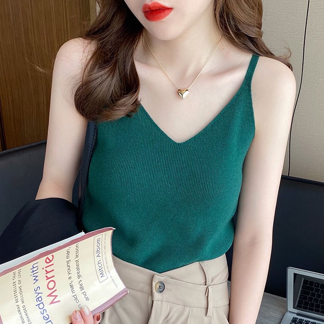 Áo dệt kim 2 dây SUXI cổ chữ V màu trơn đơn giản thời trang mùa hè cho nữ