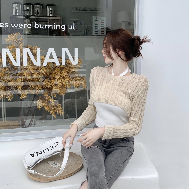 Áo Dệt Kim Tay Dài Dáng Ngắn Dễ Phối Đồ Hợp Thời Trang