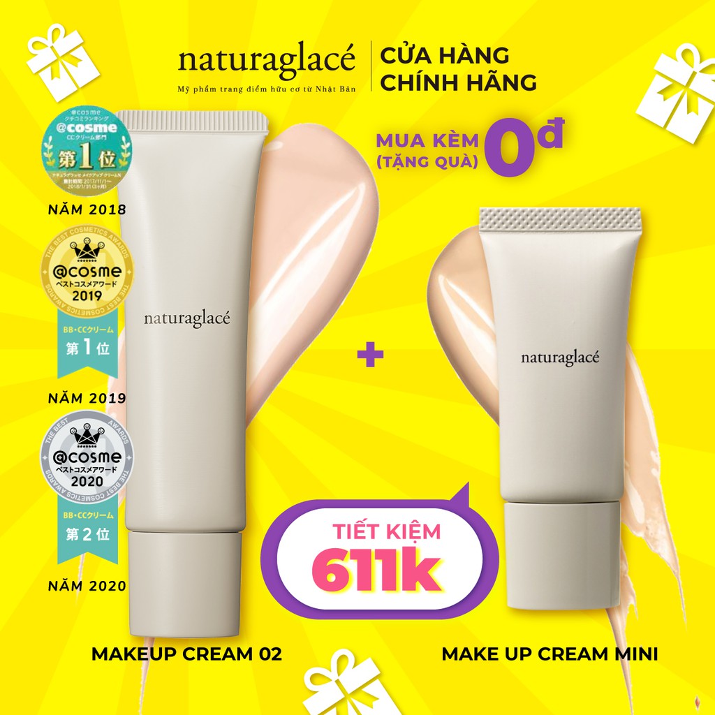 Kem nền hữu cơ đa năng naturaglacé Make up cream (02 - Màu be tự nhiên), chống nắng SPF44 PA+++, fullsize 30g