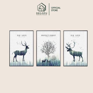 Tranh canvas treo tường DECOFU, bộ 3 khung ảnh Hươu Quý tộc có khung viền cỡ lớn