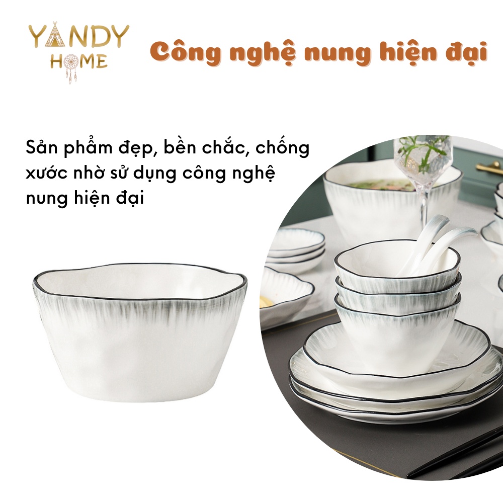 Bát đĩa tô chén gốm sứ YANDY HOME BB15 chất men cao cấp trắng đen viền mưa sang trọng siêu dày dặn