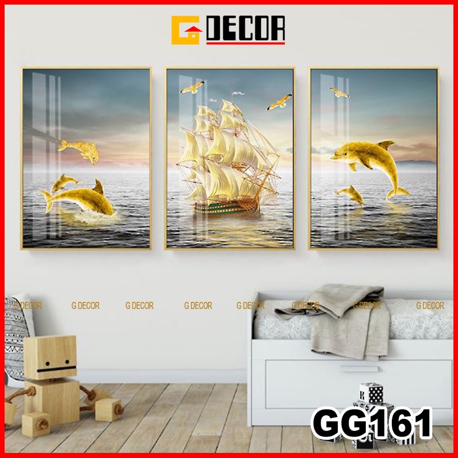 Tranh treo tường canvas 3 bức phong cách hiện đại Bắc Âu 161, tranh thuận buồm xuôi gió trang trí phòng khách, phòng ngủ