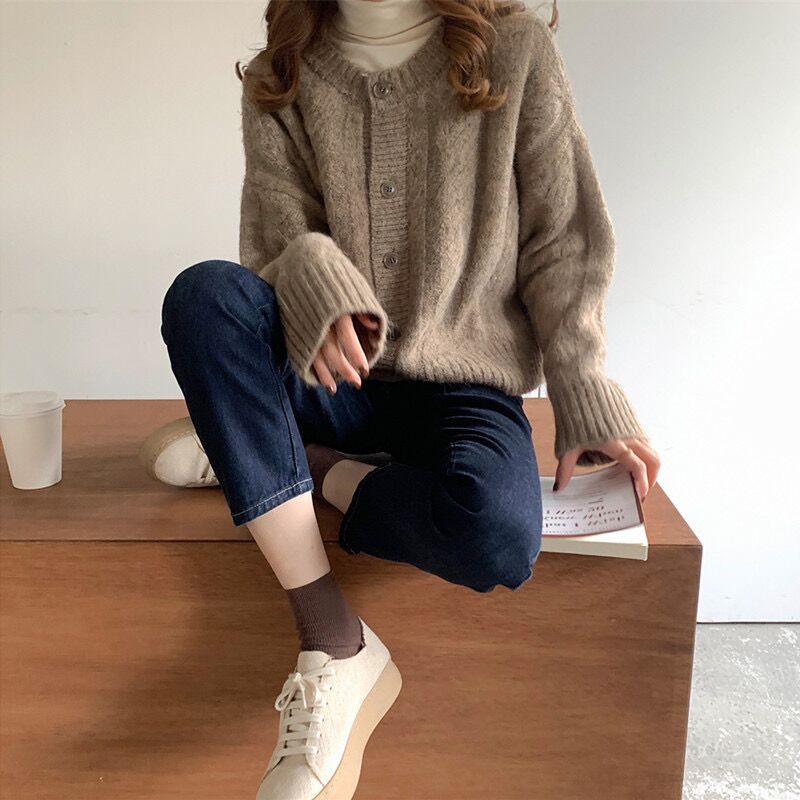 Áo khoác cardigan dệt kim cổ tròn tay dài dáng rộng 48238