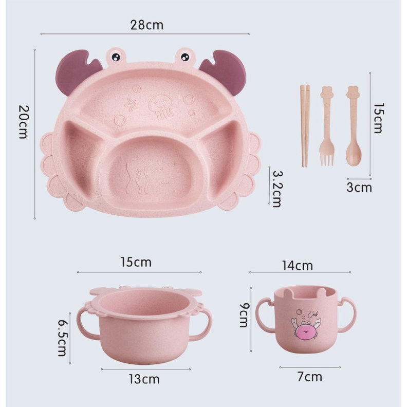 Set khay ăn dặm lúa mạch hình cua 6 món kèm cốc, bát, thìa, nĩa, đũa siêu đáng yêu cho bé