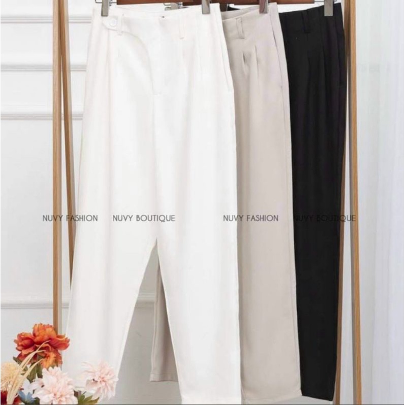 Quần baggy nữ lưng chun cạp cao cúc lệch