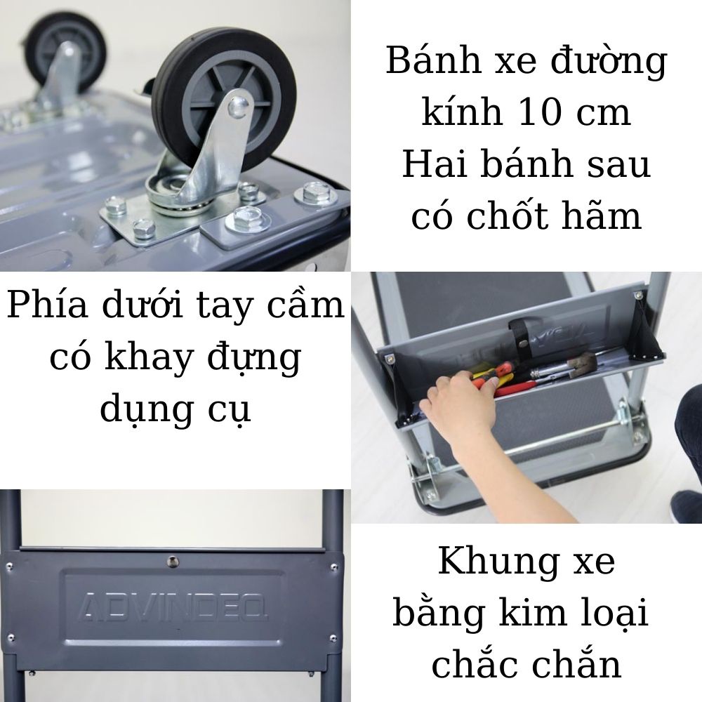 Xe đẩy hàng 4 bánh cao su chống ồn gấp gọn Advindeq TL-170 có KHAY ĐỰNG DỤNG CỤ nhập khẩu chính hãng, bảo hành 12 tháng