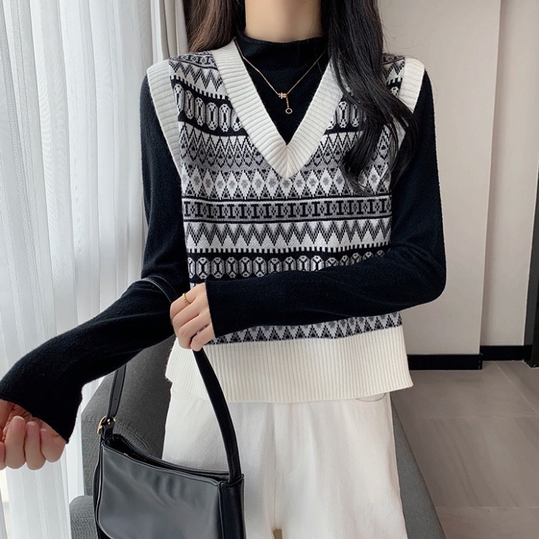 áo gile len,áo ghile thổ cẩm hoạ tiết đen trắng hàng quảng châu cao cấp A650 Noiyxanh nội y xanh chất len quảng châu