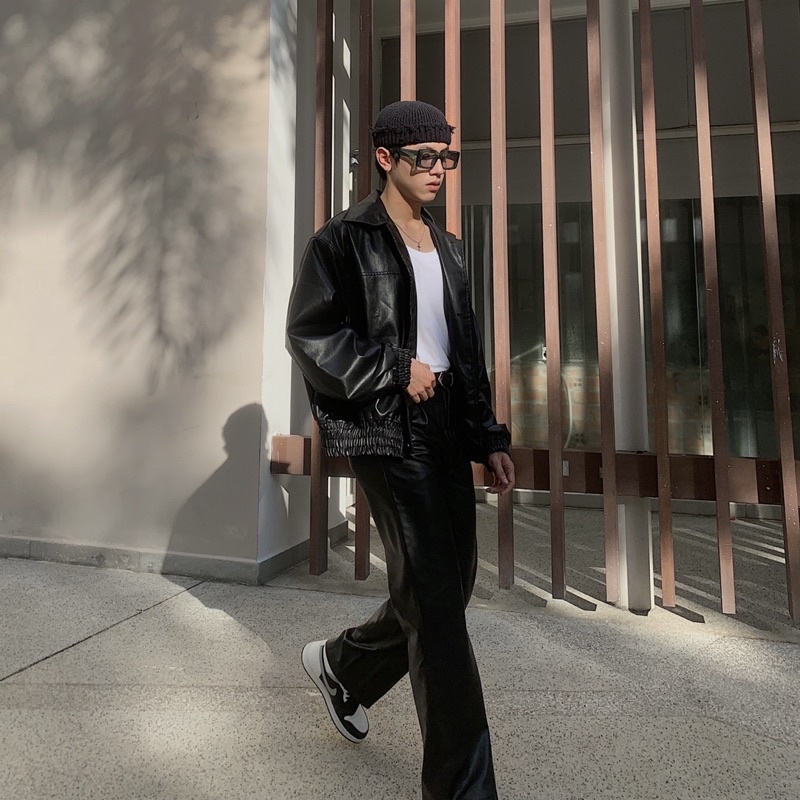 Áo khoác giả da cài nút unisex oversize