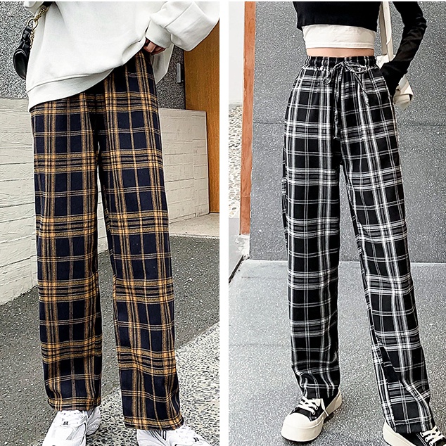 Quần dài SUXI lưng cao ống rộng kẻ sọc caro phong cách Hàn Quốc