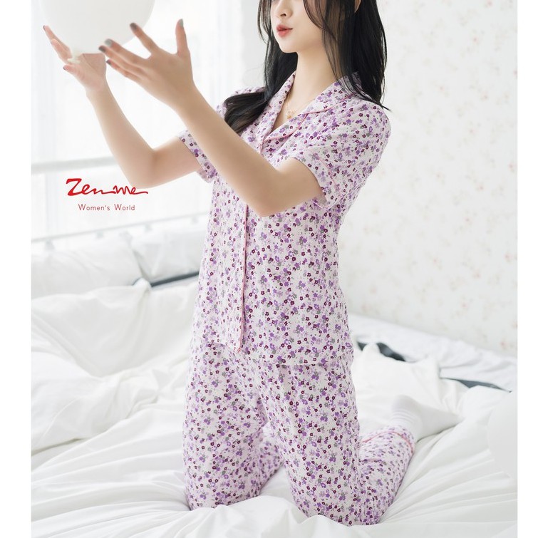 Bộ mặc nhà pijama thu đông Zen Me thiết kế cộc dài chất liệu chuẩn cotton màu hoa đặc biệt