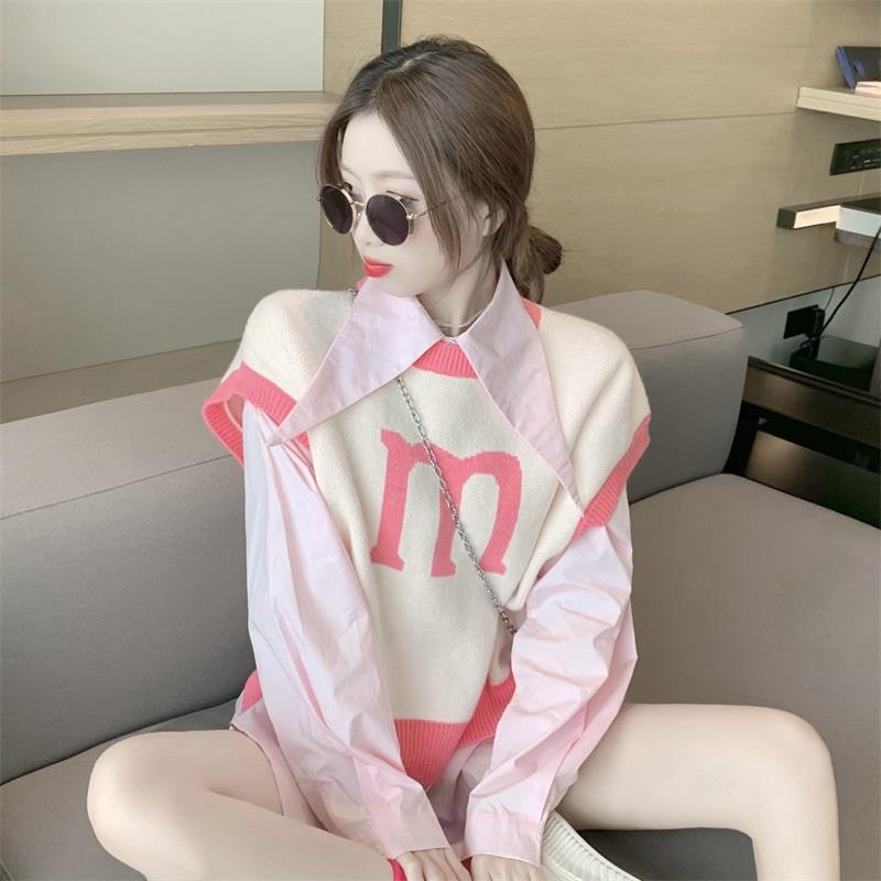 Set áo sơ mi tay dài/áo len không tay dáng rộng phong cách Hàn Quốc thời trang xuân thu | BigBuy360 - bigbuy360.vn