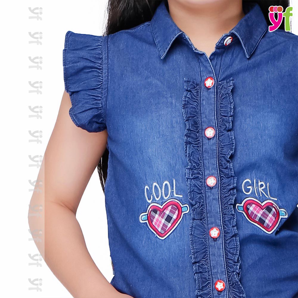 Áo bé gái tay bèo YF, vải jean cotton, đủ size 12-55KG 9AX534