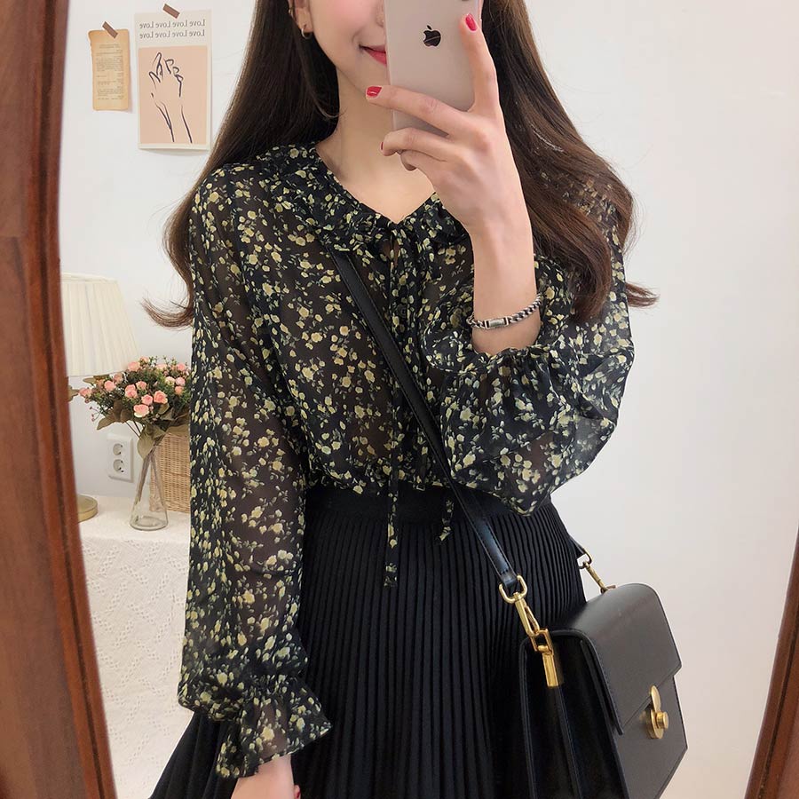 Áo Chiffon Nữ Tay Dài Phối Nơ In Hoa Dễ Thương