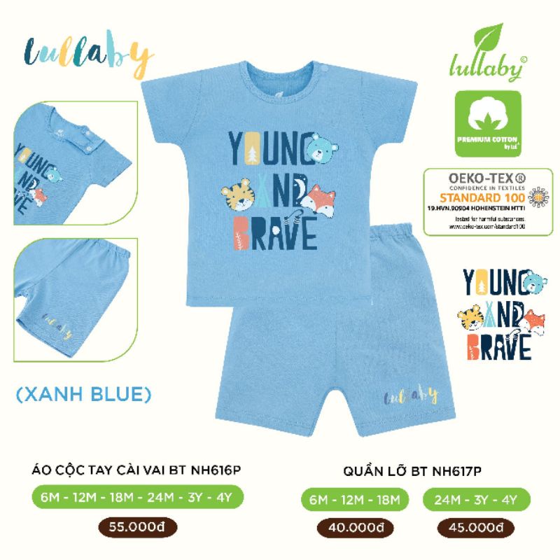 (6-&gt;18 tháng) Bộ cộc tay cài vai bé trai Lullaby 100% cotton cao cấp (NH616P)