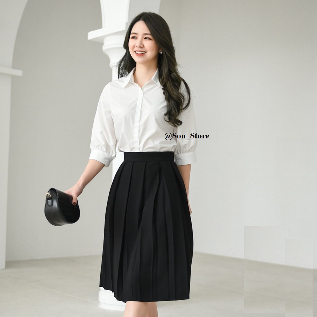 Chân váy midi công sở xếp ly trước dáng dài