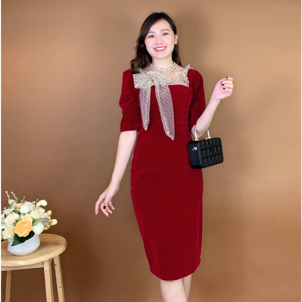 Váy nhung body cổ phối ren chấm bi Emvy - K4 | BigBuy360 - bigbuy360.vn