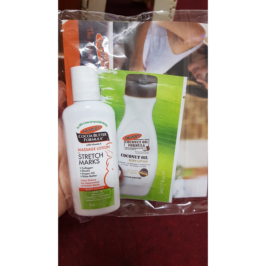 Set Kem chống rạn da Palmer's Cocoa Butter Formular Massage Lotion 50ml & sữa dưỡng thể Palmer's Coconut Body Lotion 5ml