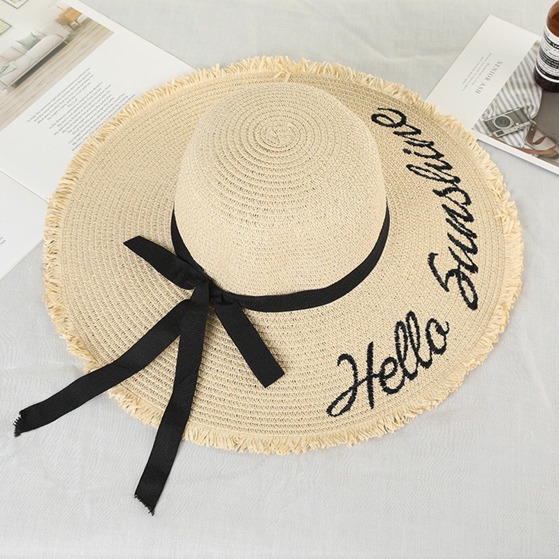 Mũ cói vành tròn đính nơ thêu chữ Hello Sunshine dành cho bạn gái đi biển mùa hè nón cho bạn nữ mã 03
