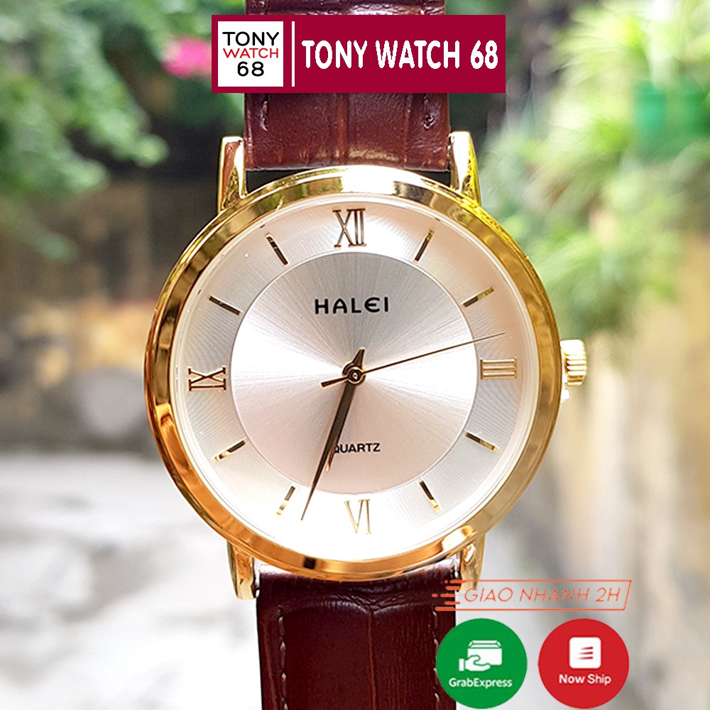 Đồng Hồ Nam Dây Da Nâu Mặt Trắng Viền Vàng Halei Chính Hãng Tony Watch 68