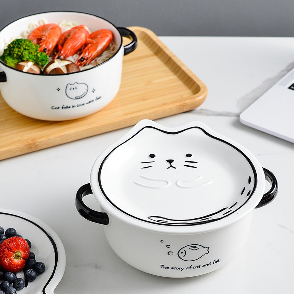 Tô mì có nắp, bát mì ramen gốm sứ hình con mèo PUSHEEN – phong cách Nhật Bản, tô canh sứ cao cấp nhập khẩu