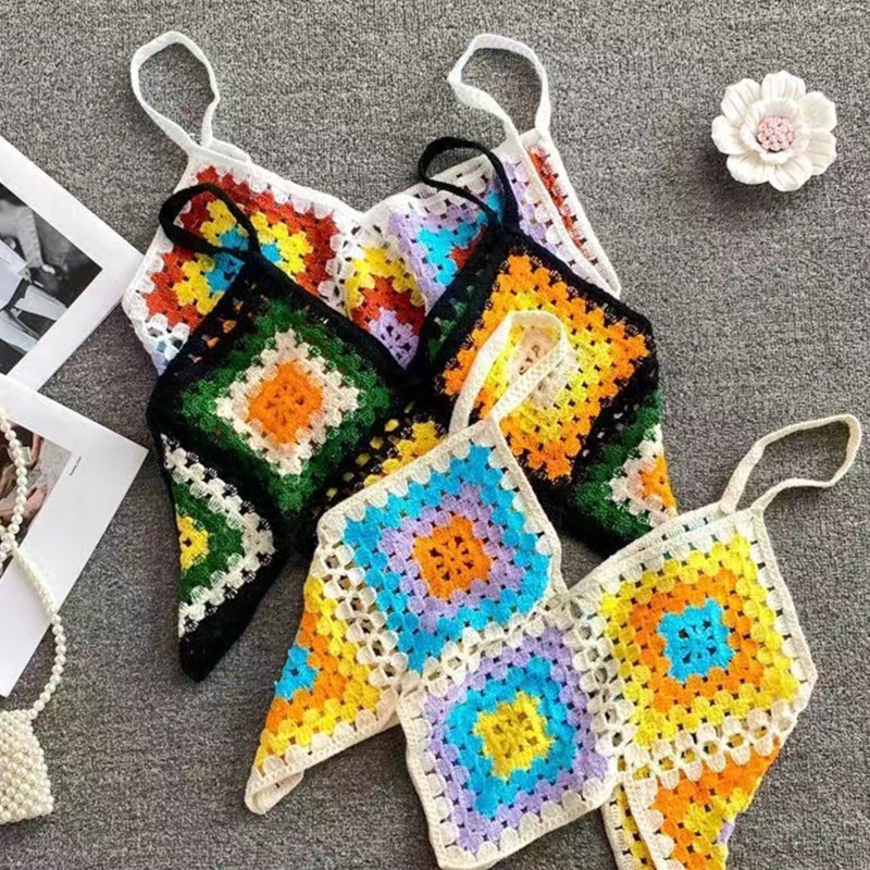Áo Croptop Dệt Kim Không Tay Cổ Chữ V Họa Tiết Hình Thoi Nhiều Màu Phong Cách Boho Quyến Rũ Cho Nữ