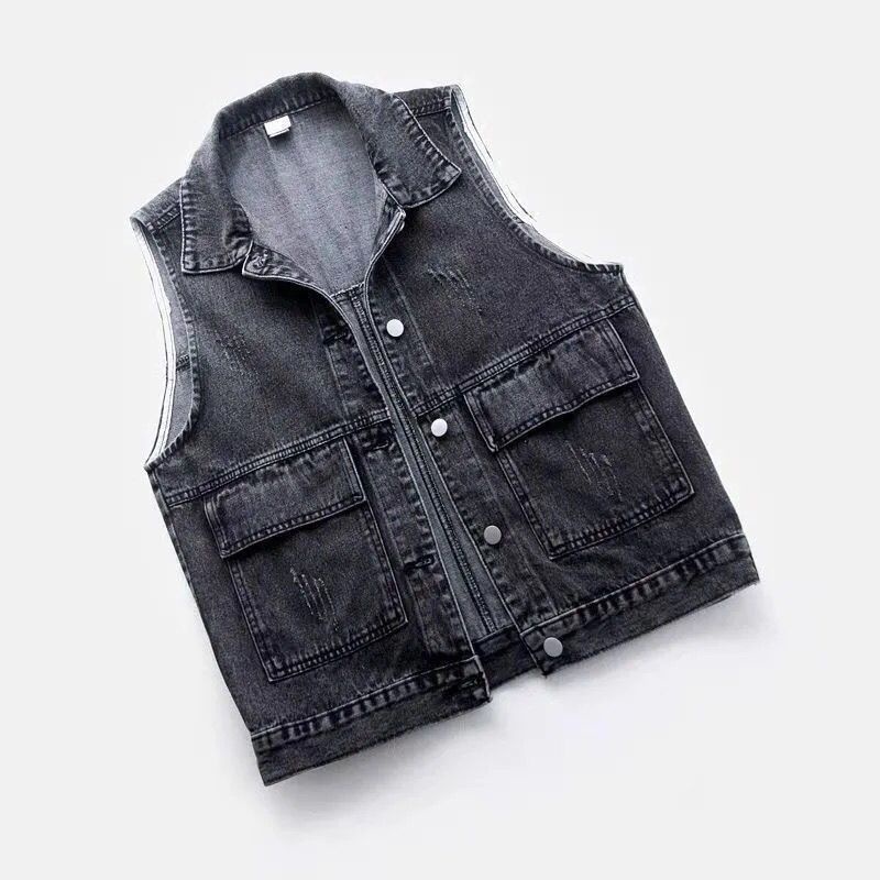 Denim vest Women's short style 2022 Spring and Summer New simple large pocket sleeveless vest all-purpose cardigan