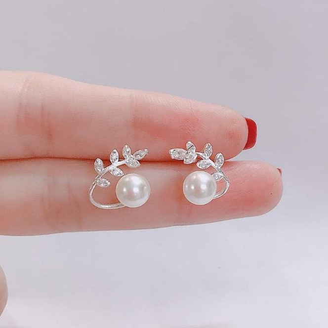 Bông tai bạc hình lá kẹp Ngọc trai nhân tạo bạc ta_ Van jw