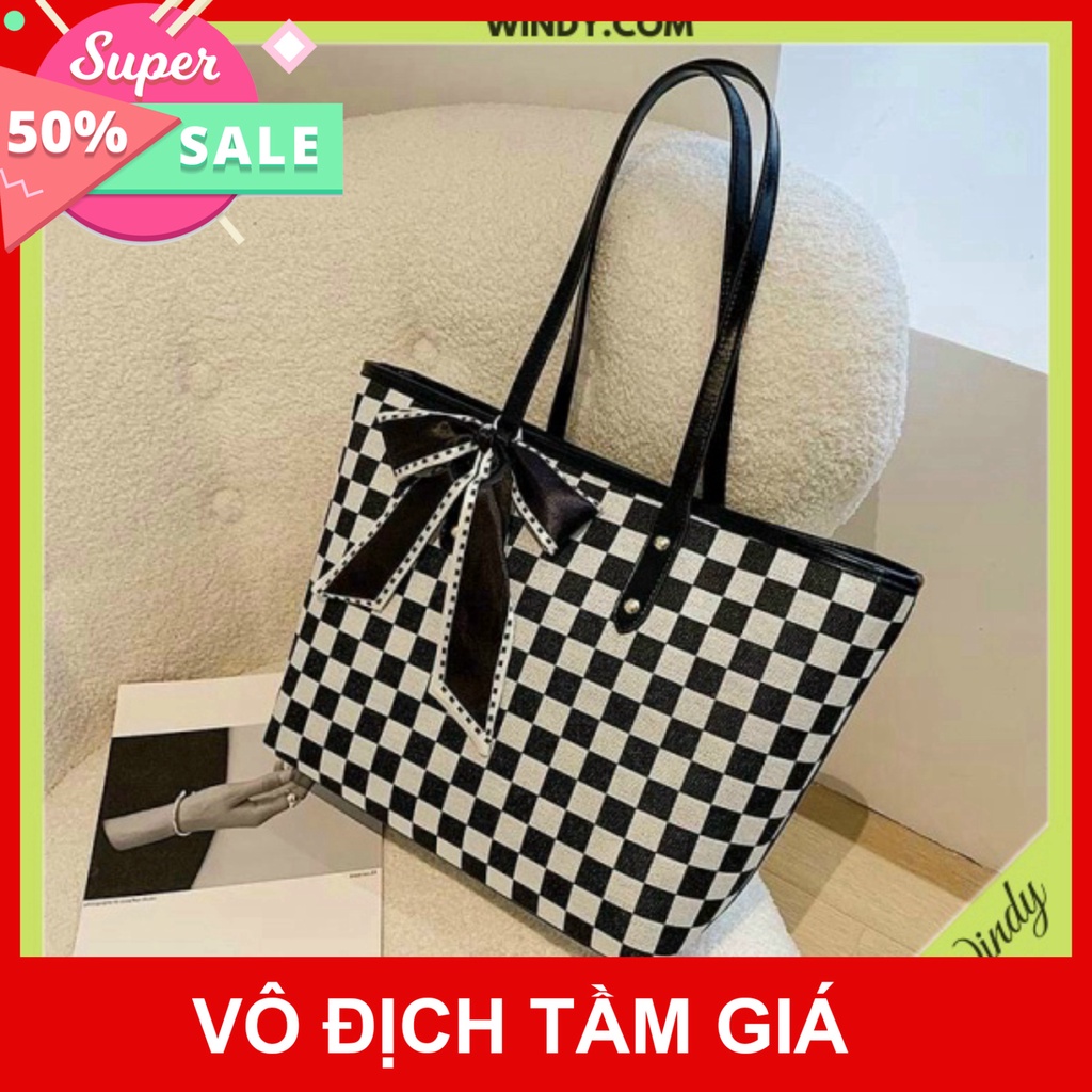 [free ship] Túi Xách Nữ công sở Tote Đựng Sổ Sách Đeo Kẹp Nách hình họa Kẻ Ô Chất Da PU Mềm thời thượng Windy.com - Mã