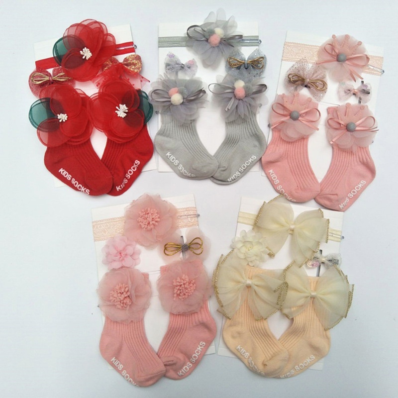 1 Set Vớ Cotton Ren Hoa Mềm + Băng Đô + Hộp Kẹp Tóc Co Giãn Dành Cho Bé Gái