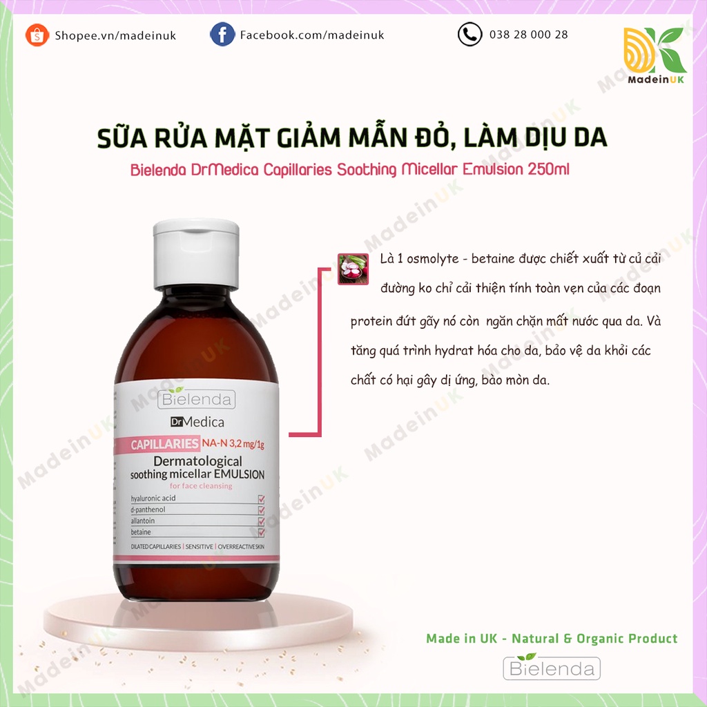 Sữa Rửa Mặt & Tẩy Trang Bielenda Dr Medica Capillaries Soothing Micellar Emulsion 250ml Giảm Mẫn Đỏ, Giãn Mao Mạch
