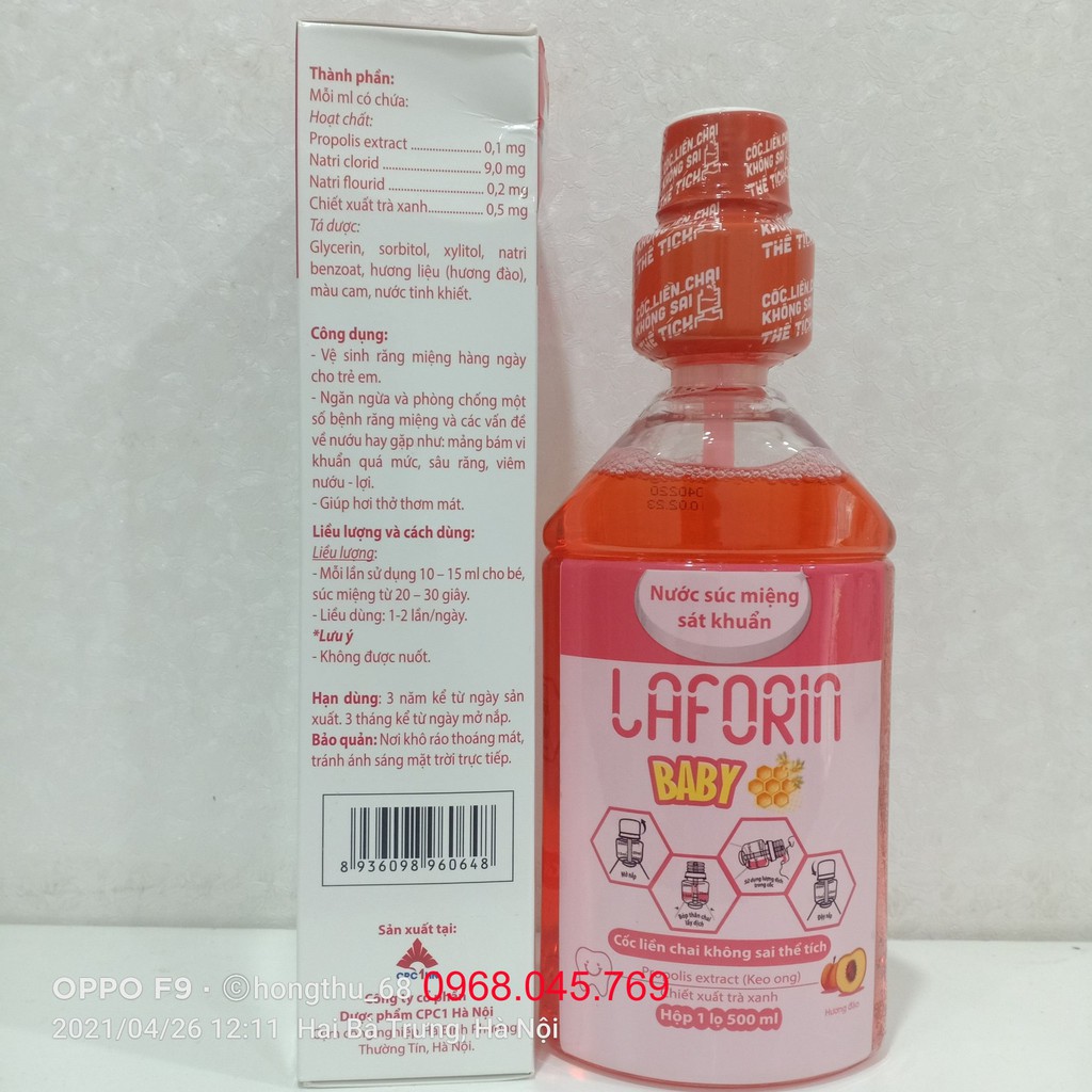 Nước súc miệng sát khuẩn LAFORIN BABY 500ml hương đào