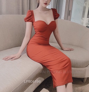 Đầm body cúp trơn tay phồng
