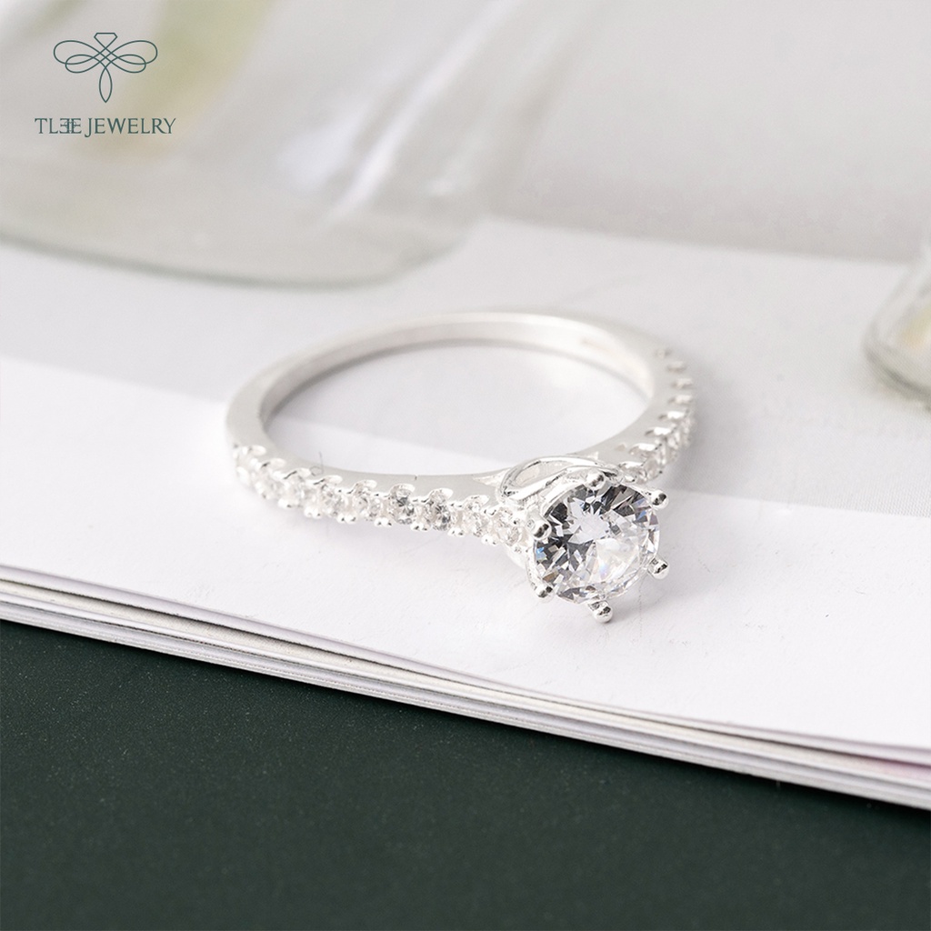 Nhẫn bạc nữ TLEE ổ đá 6 chấu phồi viền lấp lánh nữ tính NCJ A0190