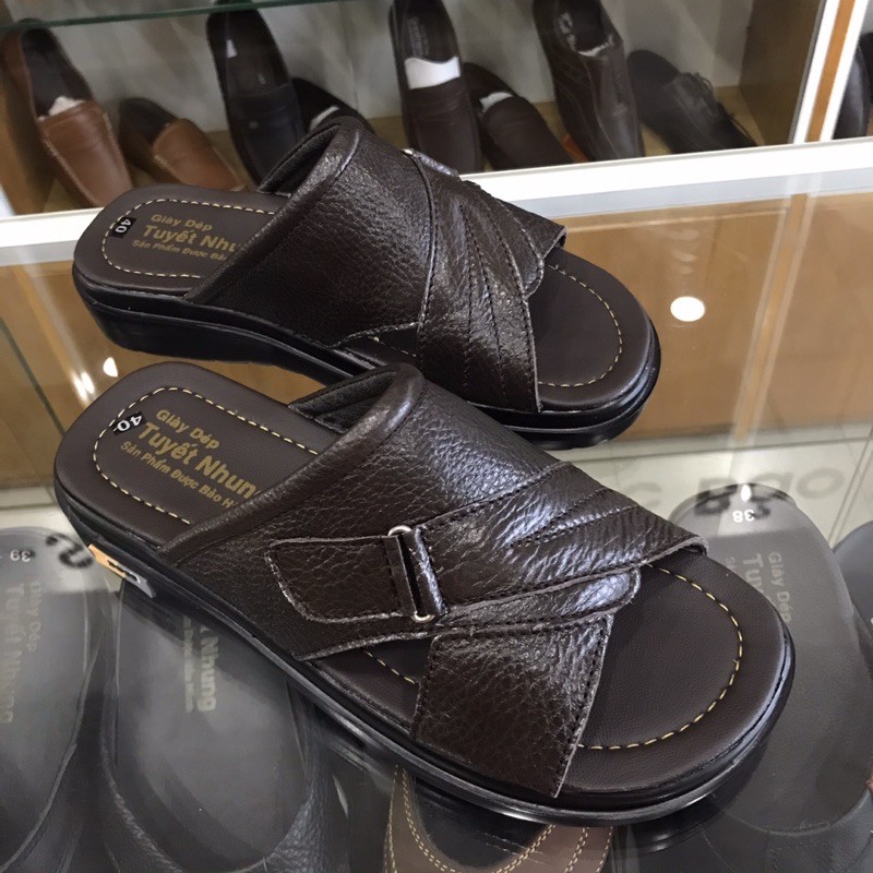 Dép da nam trung niên đế cao 3cm màu nâu/vàng bản khoá