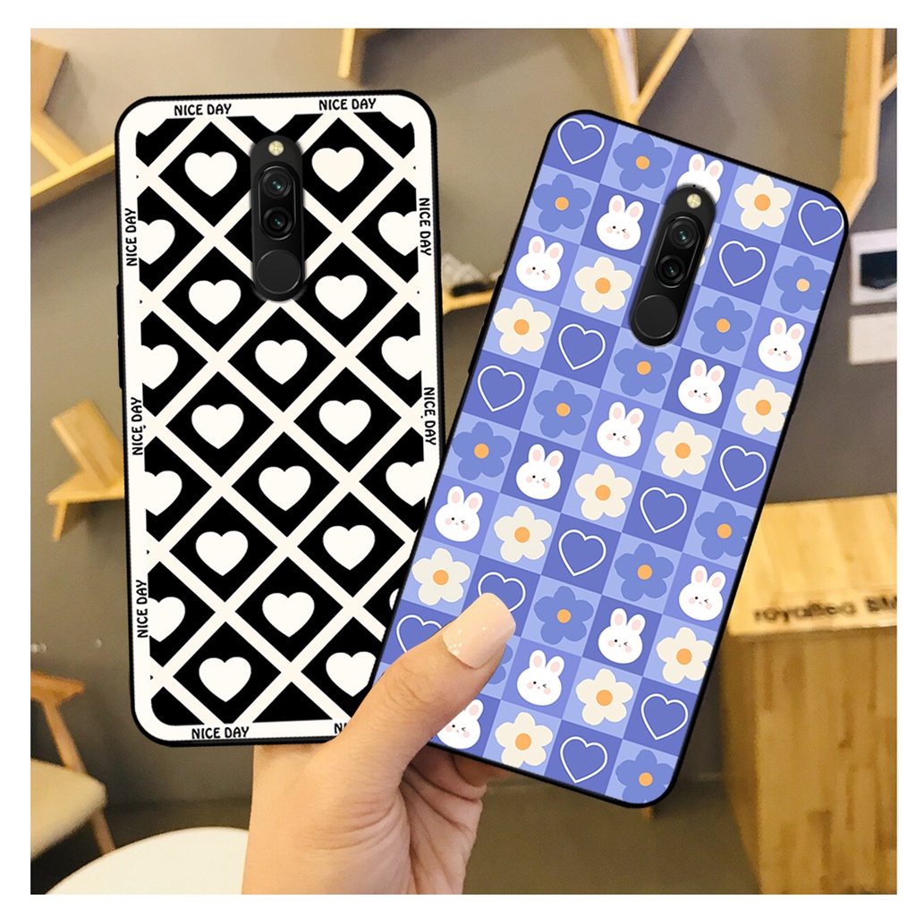 Ốp lưng Xiaomi Redmi 8 in hoạ tiết caro trái tim đen trắng, gấu bear cute đáng yêu