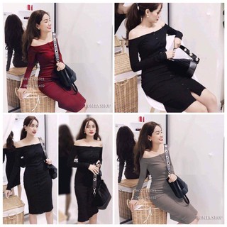 Đầm trể vai tay dài nút
