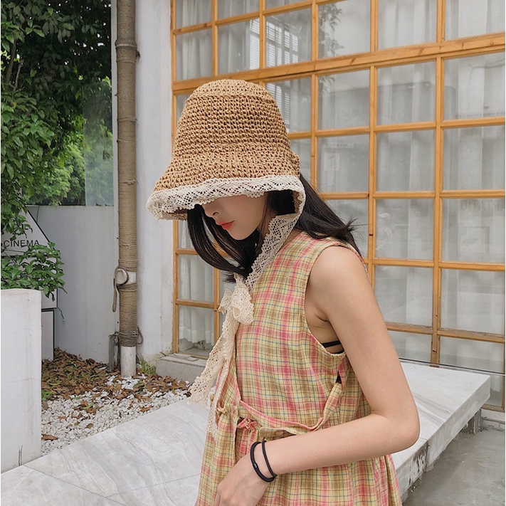Mũ Cói Rộng Vành Phối Ren Chống Tia Uv Thời Trang Đi Biển Mùa Hè Cho Nữ Sự Bảo Vệ