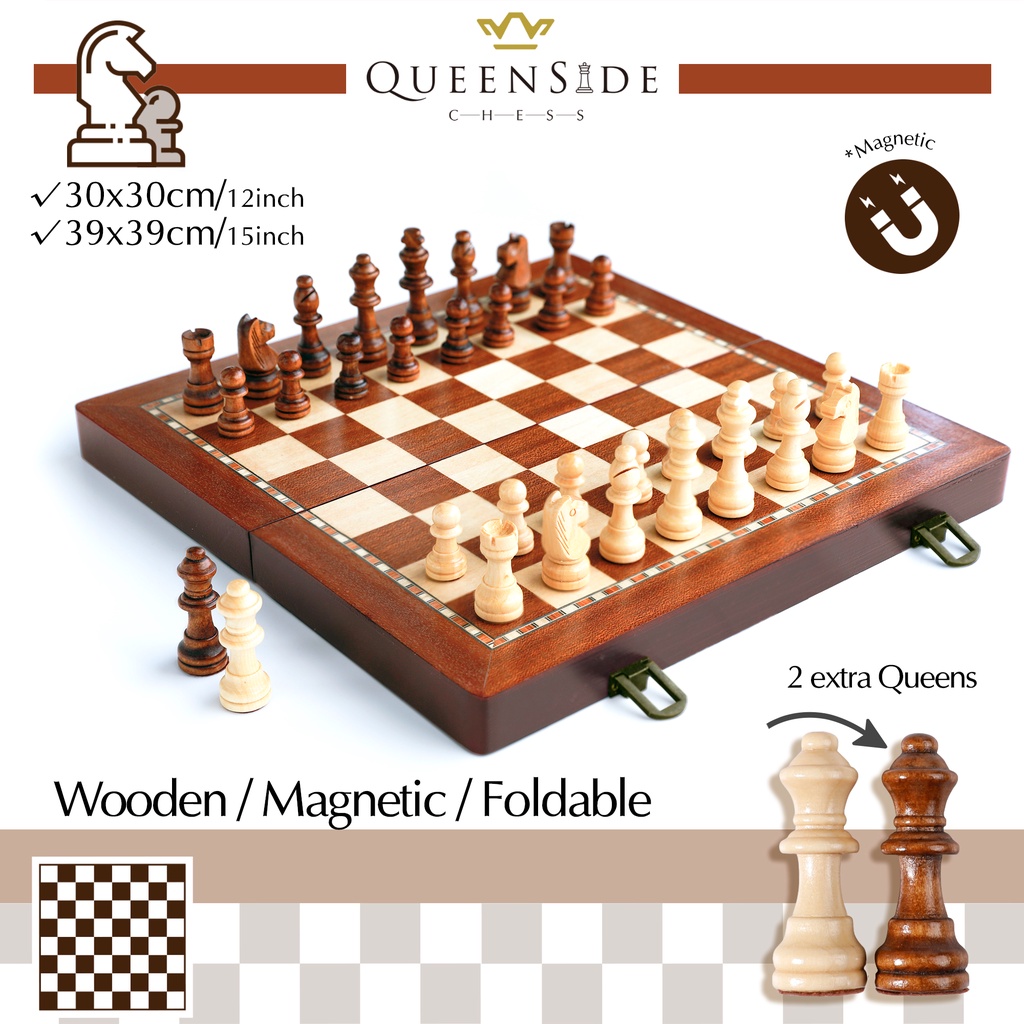 Bộ Cờ Vua Tướng Bằng Gỗ Từ Tính QUEENSIDE với Bàn Cờ Gấp & Các Quân Cờ Staunton, 2 Quân Hậu Phụ, Di Động(Wooden Chess Set)