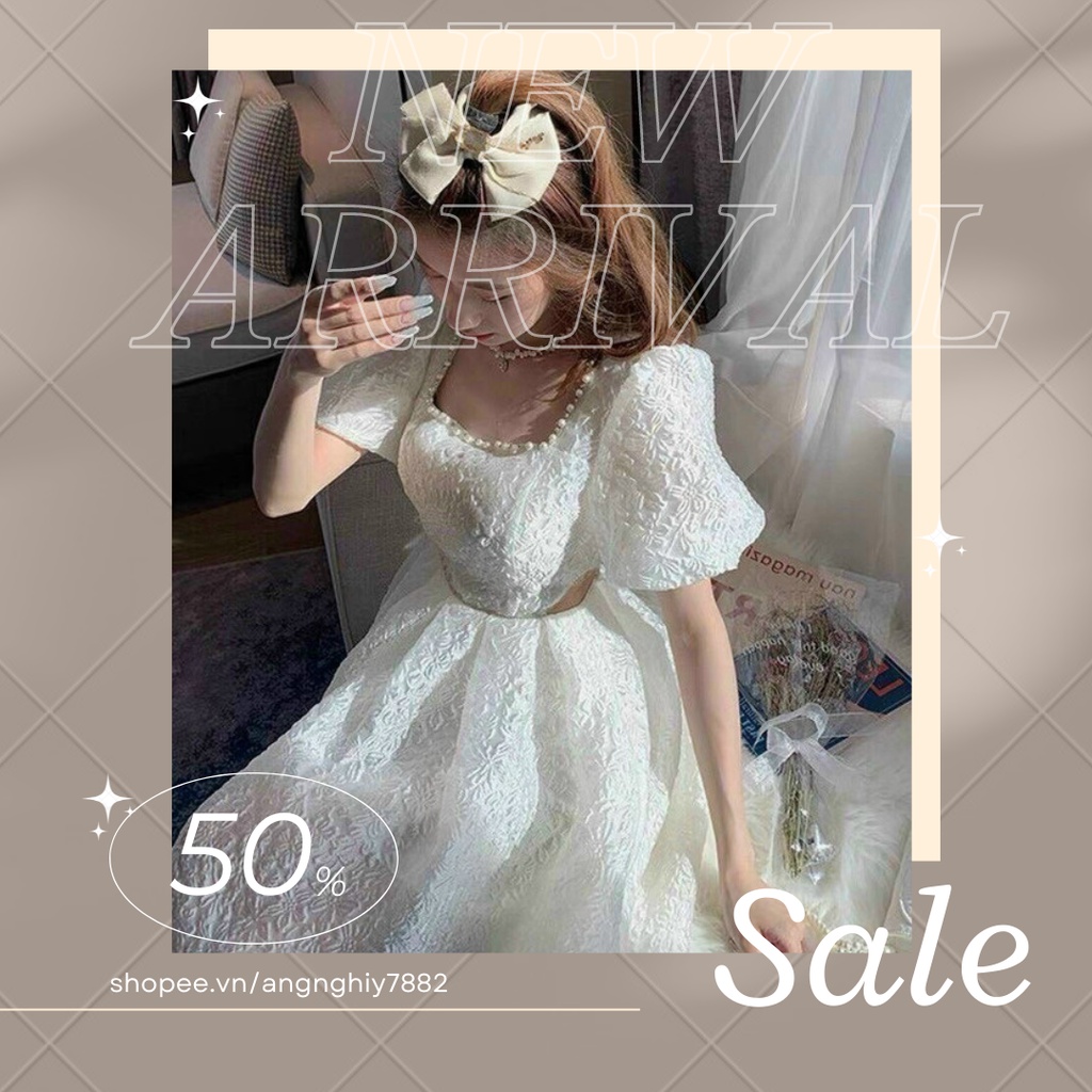 Váy đầm nữ trắng tay phồng hở eo họa tiết dáng xòe cổ vuông phối ngọc trai freesize dự tiệc dạo phố dễ thương