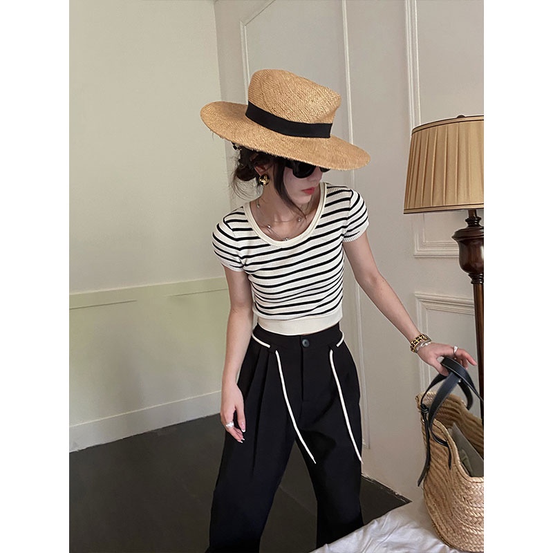 Áo Thun Dệt Kim Cổ Tròn Dáng Ôm Họa Tiết Kẻ Sọc Màu Sắc Tương Phản Thời Trang Cho Nữ