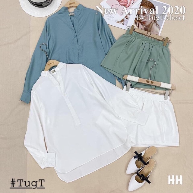 SÉT ÁO SƠ MI CỔ TÀU KÈM QUẦN SOOC 3MÀU TRẮNG,NÂU VÀ XANH CHO CÁC TY NHA