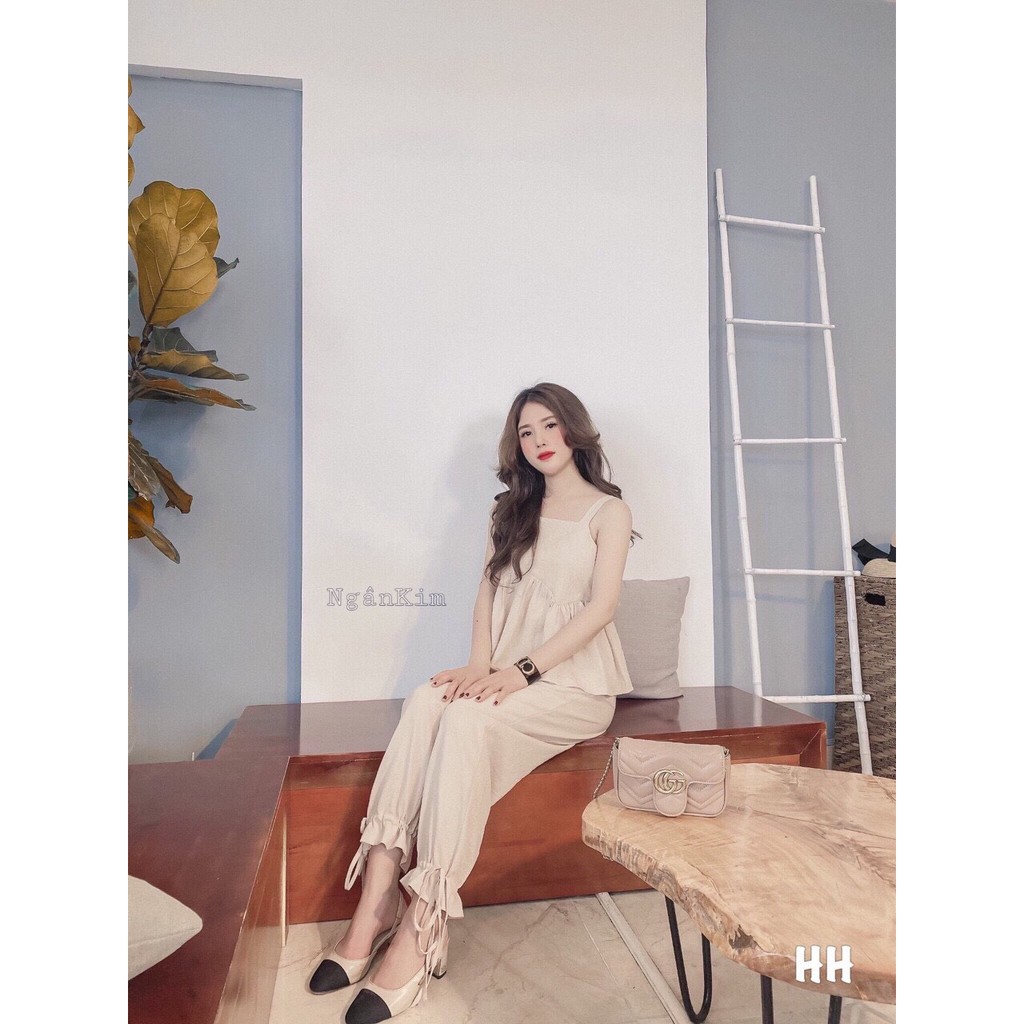Bộ voan hai dây babydoll phối quần lủng nơ rút trang nhã TTSA0498